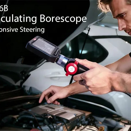 Man using H406B articulating borescope with responsive steering to inspect car engine under hood