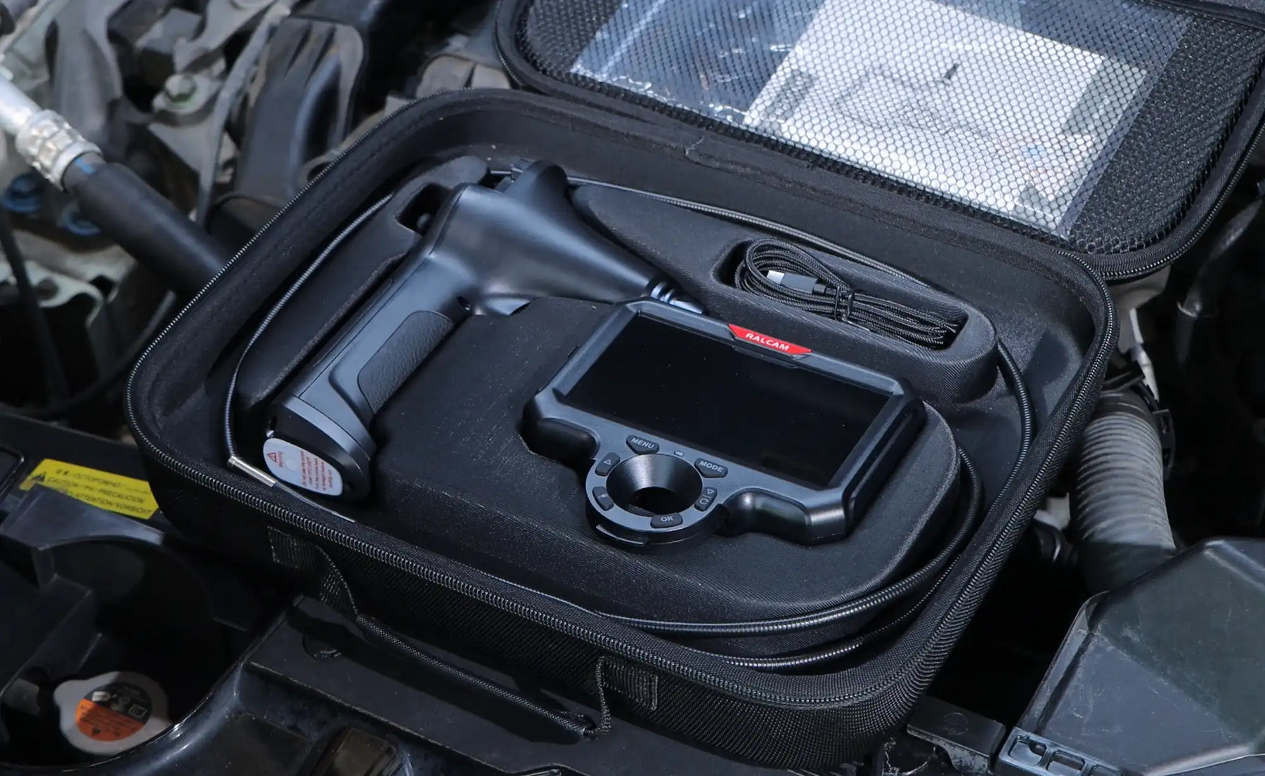 how to clean a borescope and store an industrial endoscope properly, inspection camera in carrying case on engine for maintenance and protection guide