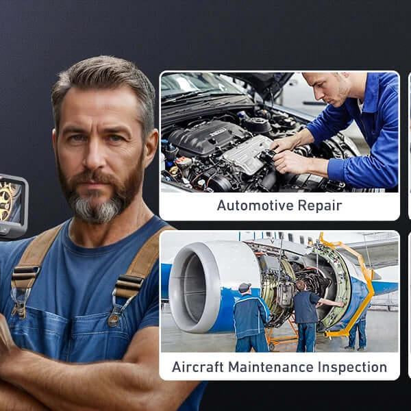 Man holding Ralcams articulating borescope with images of automotive, industrial, aircraft, and building inspections
