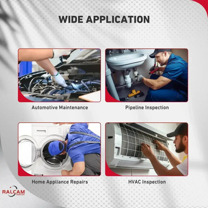 Collage showing wide applications of inspection tools in automotive maintenance, pipeline inspection, home appliance repairs, and HVAC inspection