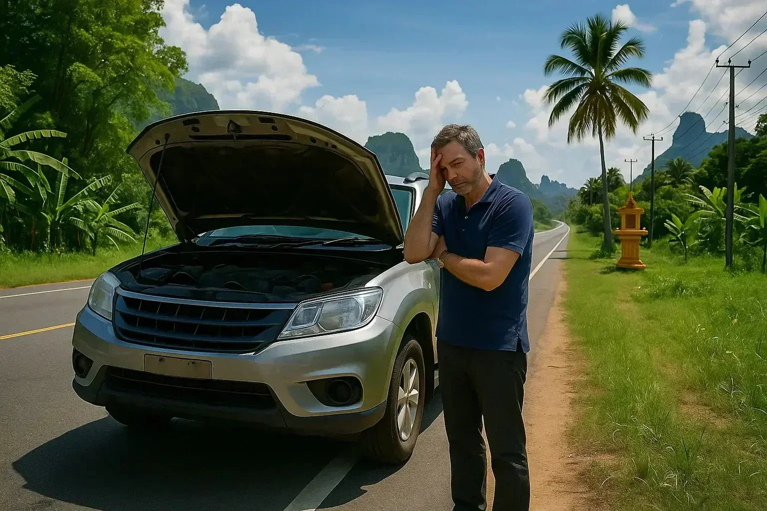 Middle-aged man standing beside broken down silver SUV with open hood on tropical roadside