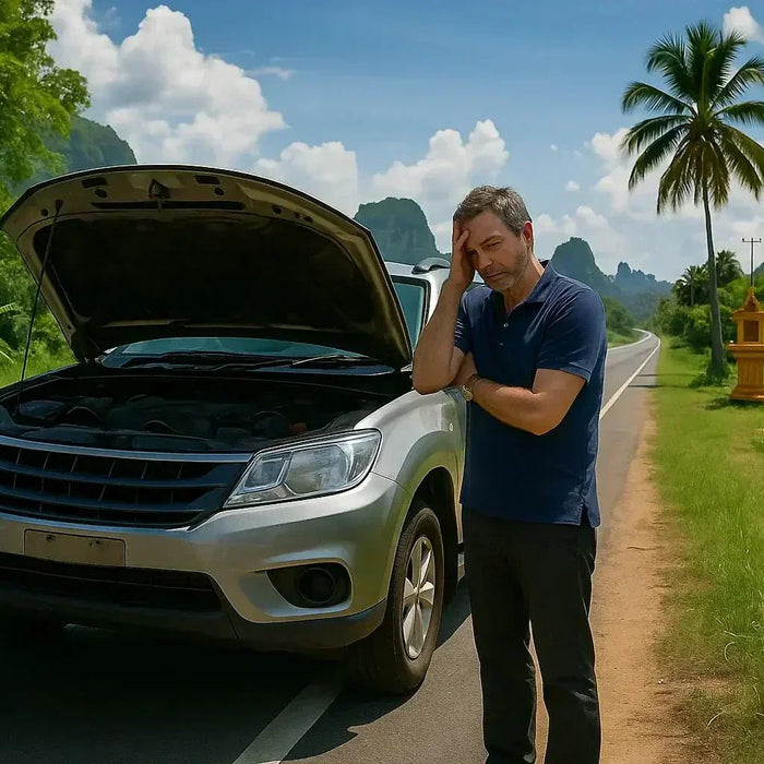 Middle-aged man standing beside broken down silver SUV with open hood on tropical roadside