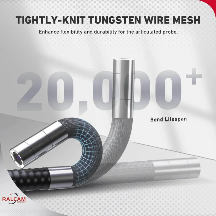 Articulating borescope probe with tightly-knit tungsten wire mesh for enhanced flexibility and 20,000+ bend lifespan