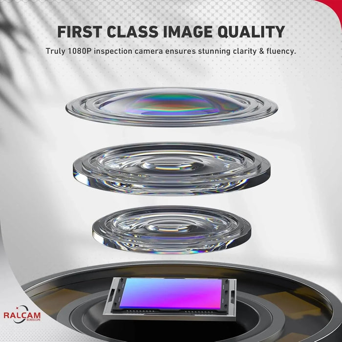 Close-up of 1080P camera lens elements stacked above a sensor, highlighting first class image quality