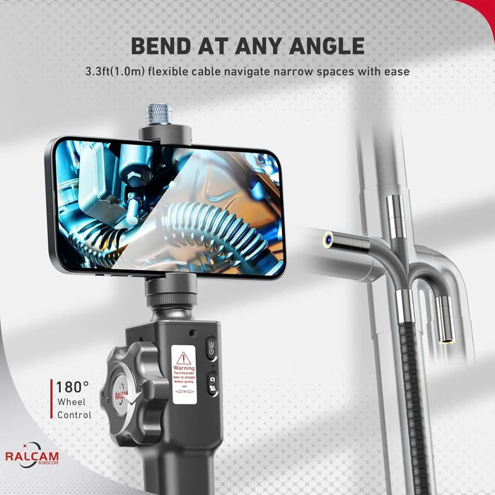 Ralcam articulating borescope with 3.3ft flexible cable and smartphone display inspecting pipes