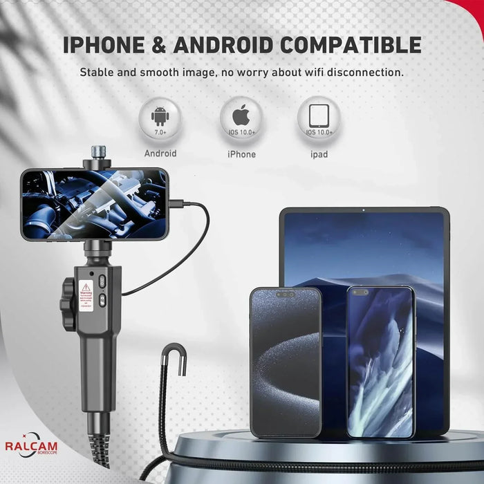 Articulating borescope connected to smartphone showing engine inspection, compatible with iPhone, Android, and iPad