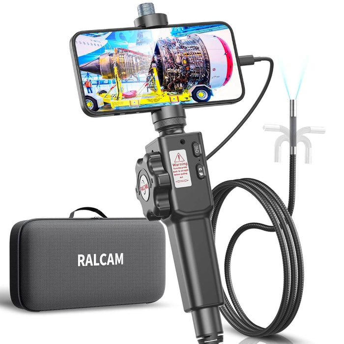 RALCAM articulating borescope with smartphone showing aircraft engine inspection and carrying case