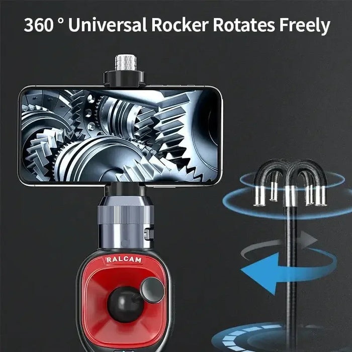 RALCAM 4-way articulating borescope with 360° universal rocker and smartphone display showing gears