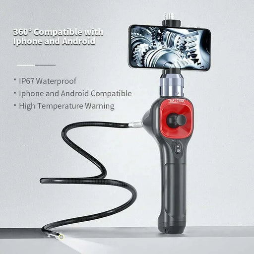 4-way articulating borescope with flexible black cable and smartphone showing engine gears, waterproof and phone compatible