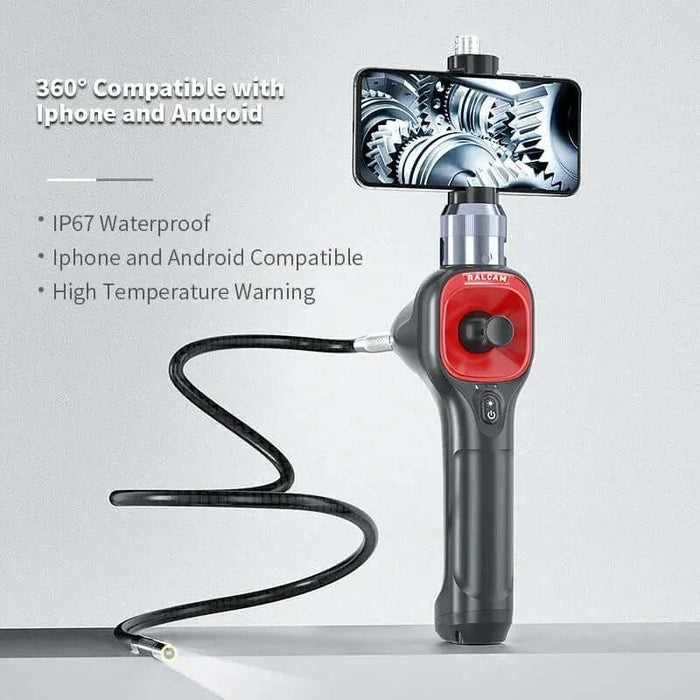 4-way articulating borescope with flexible black cable and smartphone showing engine gears, waterproof and phone compatible