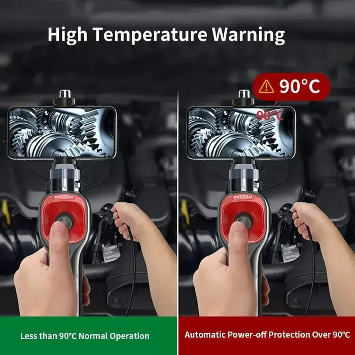 Handheld articulating borescope showing engine gears with high temperature warning at 90°C