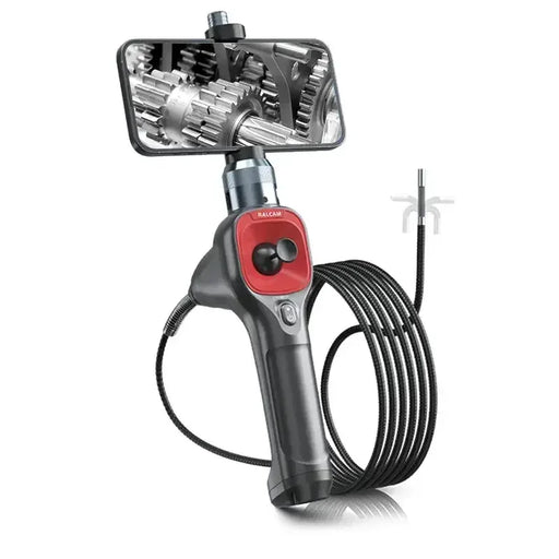 Ralcam 4-way articulating borescope with 39mm camera and LCD display showing engine gear inspection