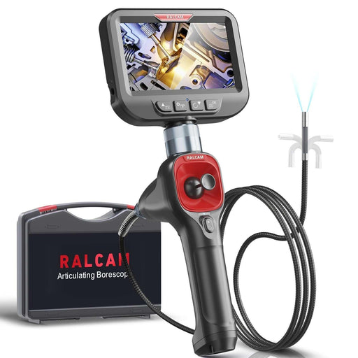 RALCAM articulating borescope with 6 LED lights, 6.2mm lens, HD screen showing engine internal view, carrying case