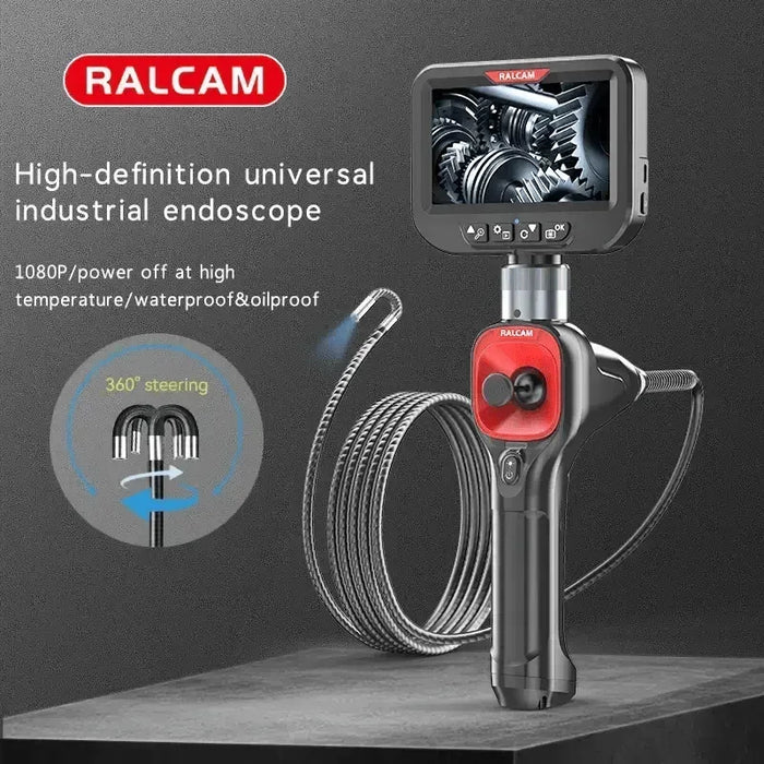 RALCAM high-definition universal industrial endoscope with 1280x720 HD screen, flexible 360° steering cable, and LED lights