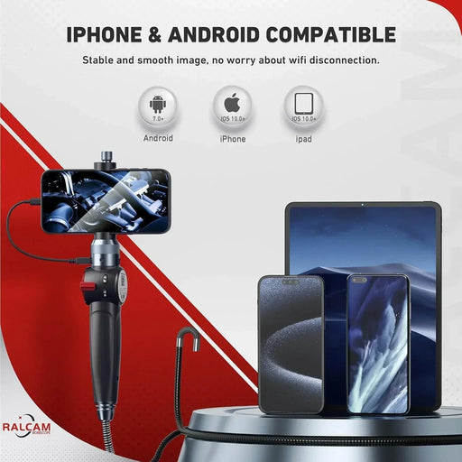 Articulating borescope with 85mm lens attached to smartphone showing engine inspection, compatible with iPhone, Android, and iPad