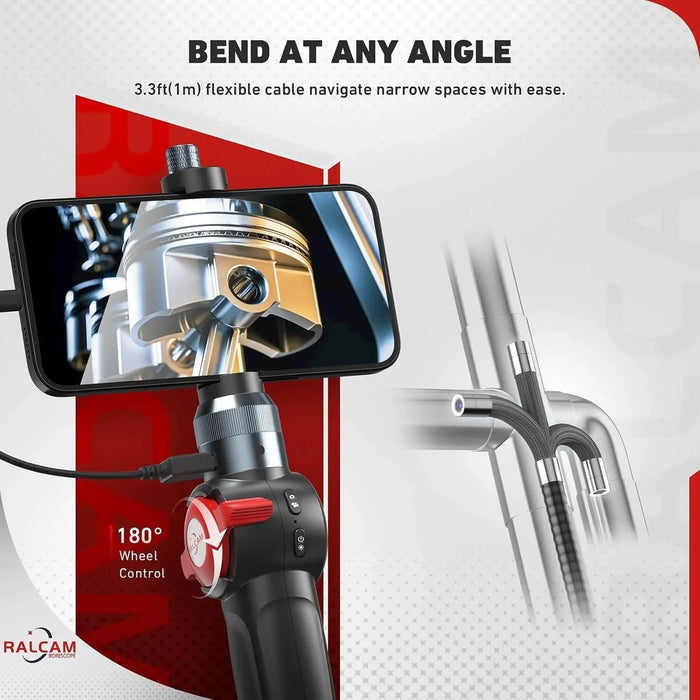 RALCAM articulating borescope with 3.3ft flexible cable and 180° wheel control inspecting engine piston