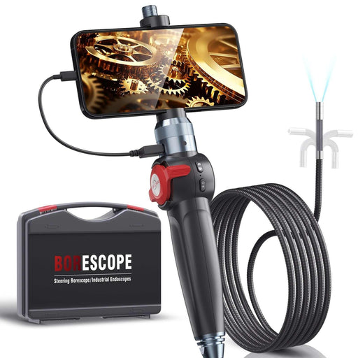 Articulating borescope with flexible cable, handheld controller, smartphone display showing gears, and carrying case