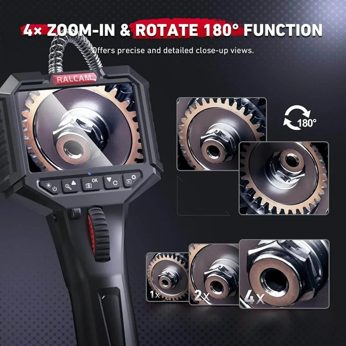 2-way endoscope camera with 6 LED lights showing gear close-up on 3.5-inch screen, 4x zoom and 180° rotate