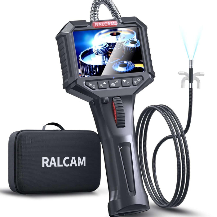 RALCAM handheld 2-way endoscope camera with 6 LED lights, flexible cable, and carrying case