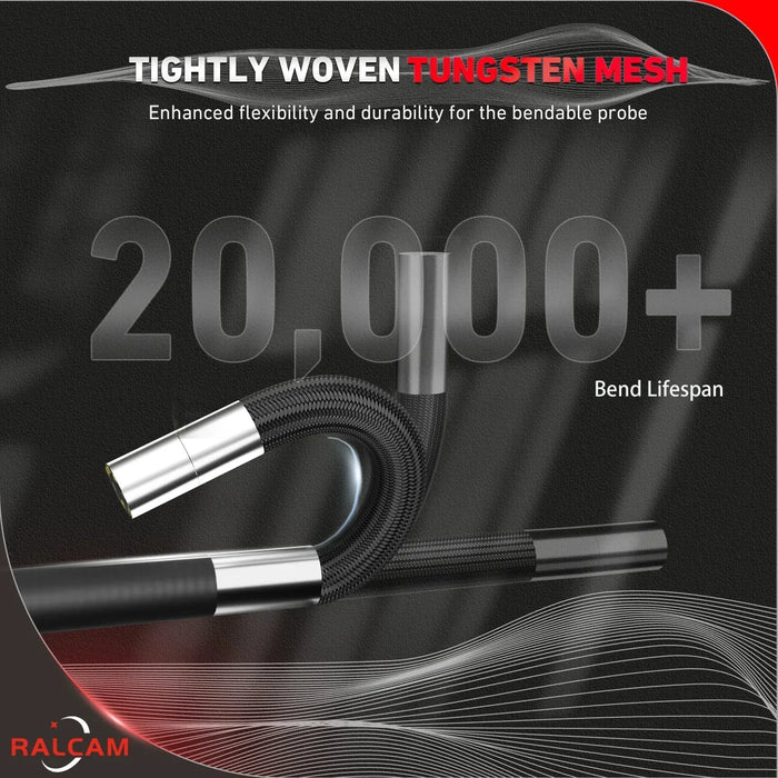 Close-up of bendable inspection camera probe with tightly woven tungsten mesh and 20,000+ bend lifespan