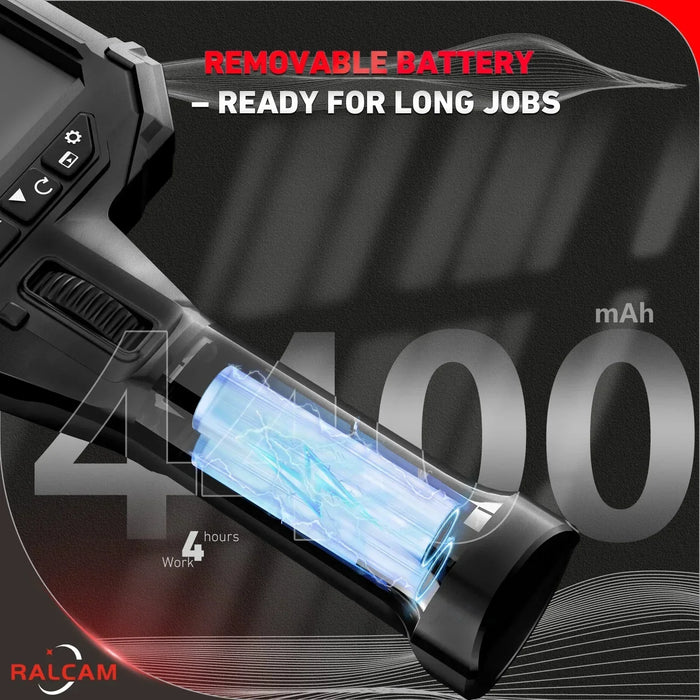Close-up of Ralcam inspection camera handle with removable 4400mAh battery for extended field use