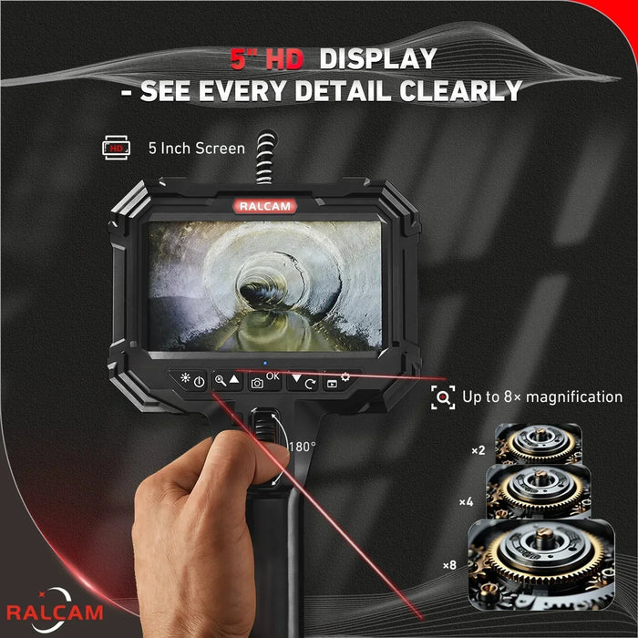 RALCAM 5-inch HD inspection camera with articulating screen showing pipe interior, 8x magnification