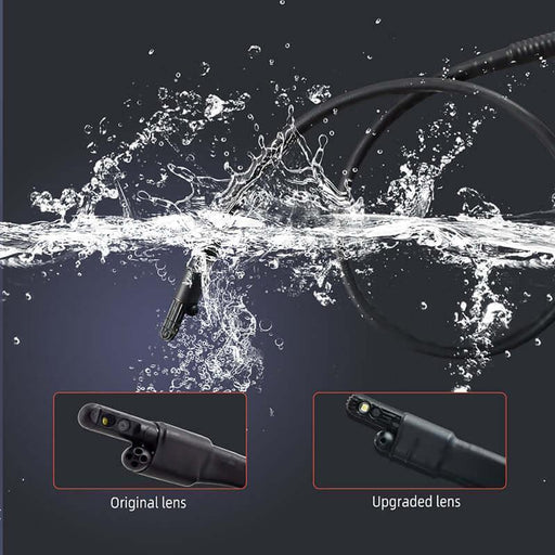 Water splash around borescope camera cable with inset images comparing original and upgraded lens close-ups