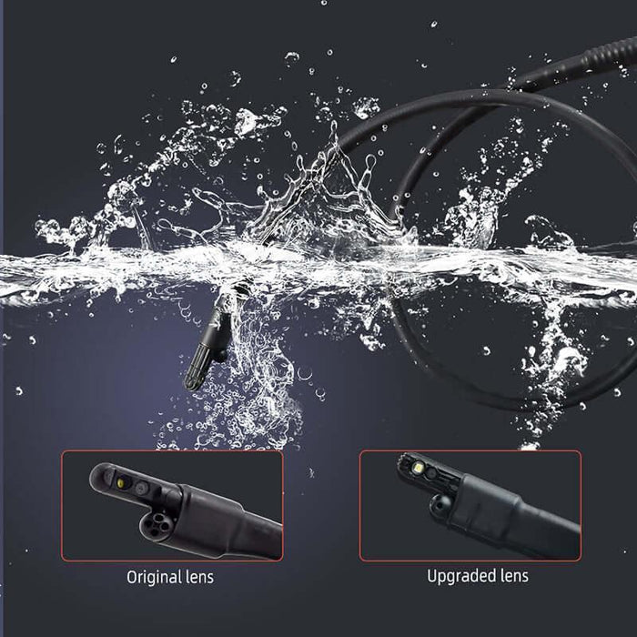 Water splash around borescope camera cable with inset images comparing original and upgraded lens close-ups