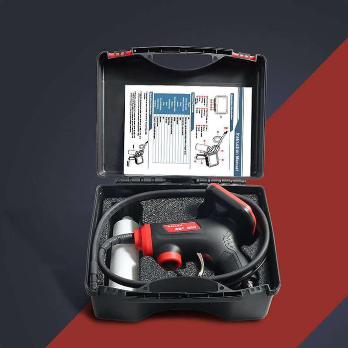 Portable borescope with 4.3-inch HD screen in black carrying case featuring foam padding and instruction manual