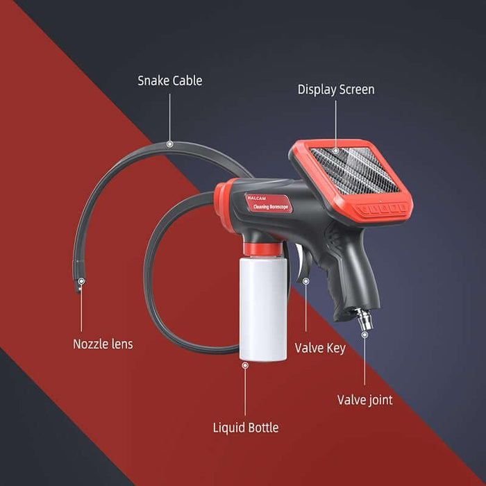 Cleaning borescope with display screen, snake cable, nozzle lens, liquid bottle, valve key, and joint