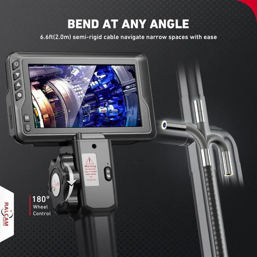 Ralcam articulating borescope with 6.6ft semi-rigid cable and 180° wheel control for bending in narrow spaces