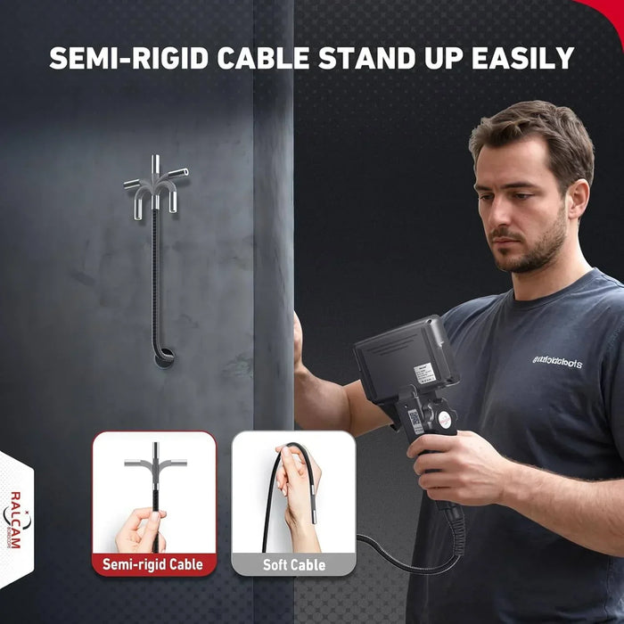 Man using RALCAM semi-rigid cable borescope with HD screen to inspect pipe through wall