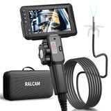 RALCAM articulating borescope with HD screen showing engine piston, flexible camera cable, and carrying case