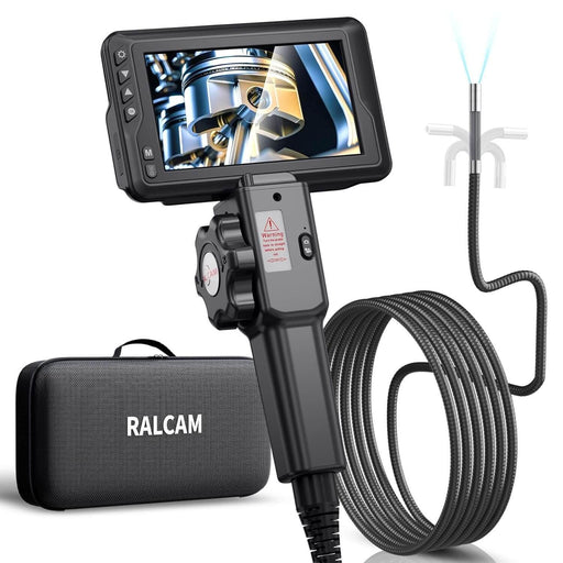 RALCAM articulating borescope with HD screen showing engine piston, flexible camera cable, and carrying case