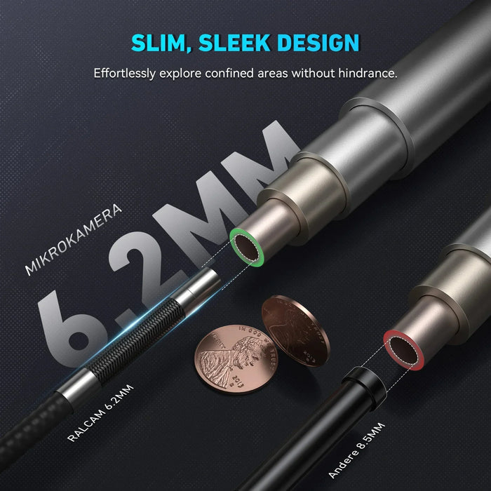 Comparison of Ralcam 6.2mm micro camera with 8.5mm camera showing slim sleek borescope design