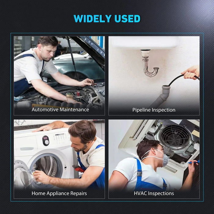 Four images showing uses for inspection tools: automotive maintenance, pipeline inspection, home appliance repairs, HVAC inspections