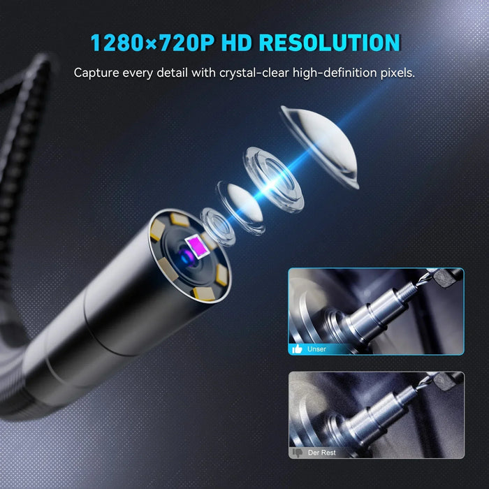 High-definition borescope lens close-up with 1280x720P HD resolution and clear machining images comparison