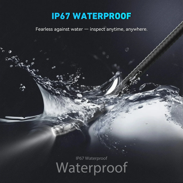 IP67 waterproof flexible inspection camera borescope splashing water with text Fearless against water