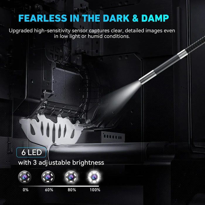 2-way articulating borescope with 43-inch screen illuminating dark, damp inspection areas with 6 LEDs
