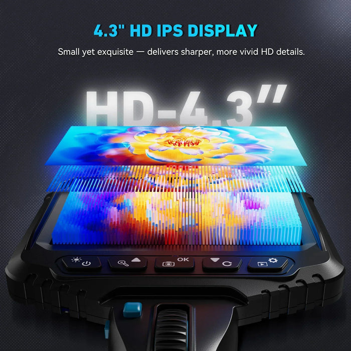 4.3 inch HD IPS display with vivid flower image and control buttons on black electronic device