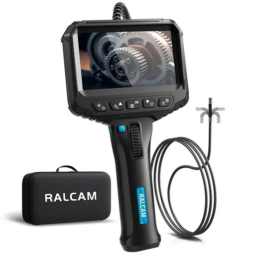 RALCAM R406 2-way articulating borescope with 4.3-inch screen showing gear image and carrying case