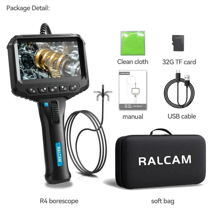 Ralcam R4 2-way articulating borescope with 4.3-inch screen, clean cloth, 32GB TF card, manual, USB cable, and soft carrying bag